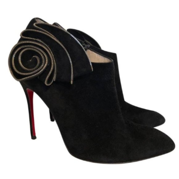 Christian Louboutin Mrs Baba Ankle Boots Rosette Flower Black Suede Sz 37